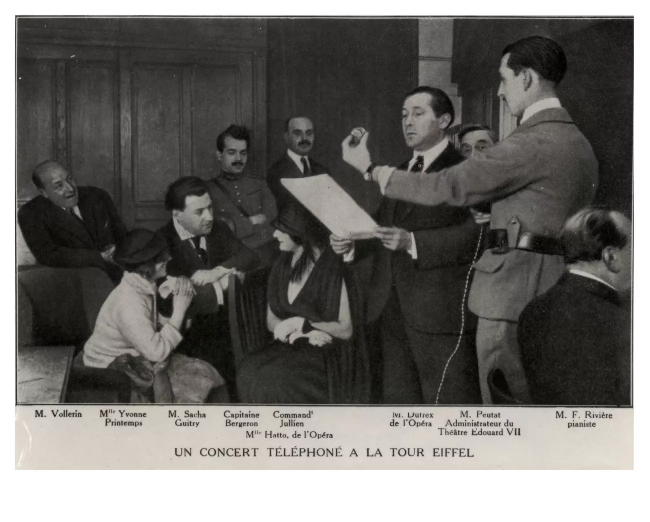 Concert téléphoné à la tour Eiffel en présence d'Yvonne Printemps et de Sacha Guitry, 1922