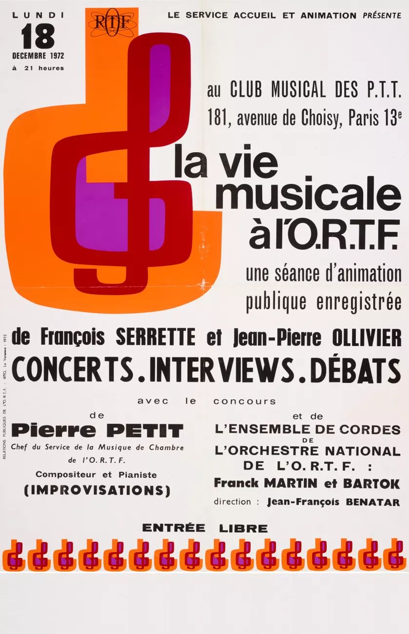 Affiche ORTF "La vie musicale à l’ORTF, séance d’animation publique enregistrée", 1972